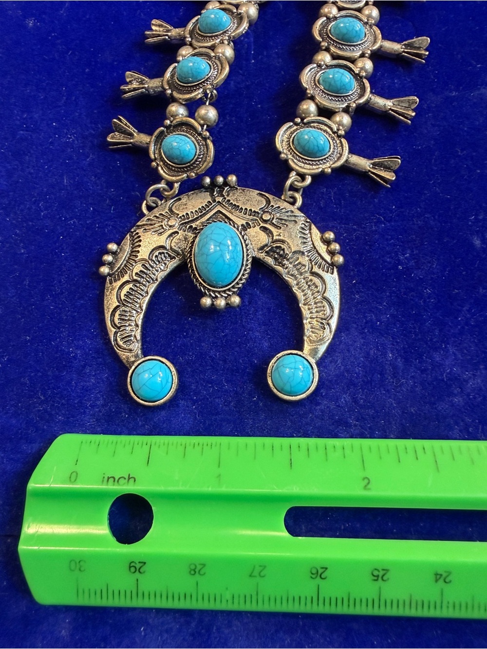 Vintage Faux Turquoise Squash Blossom Necklace Silver Tone 20” - Picture 3 of 3